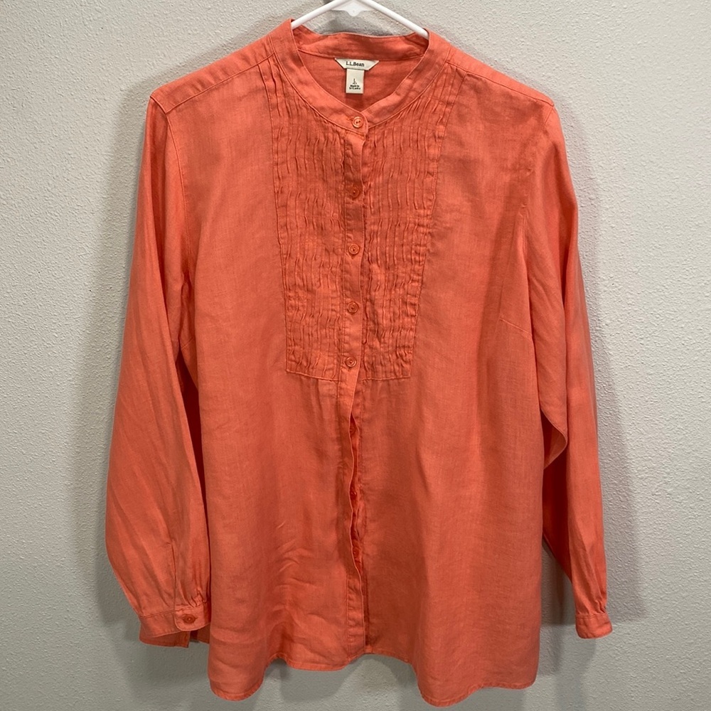 LL Bean 100% linen shirt coral orange